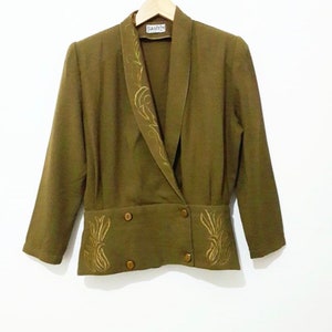 Vintage Jacket / Embroidered Jacket / Olive Green Vintage Jacket with Shoulder Pads / Hippie Style Jacket