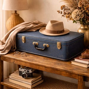 May include: A vintage-style scene featuring a navy blue suitcase with gold hardware, a tan fedora hat, and a woven lamp. A camera and books sit on a wooden table, with a vase of dried flowers. The scene evokes a sense of travel and nostalgia.