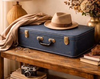 Maleta rígida azul vintage, equipaje de viaje de mediados de siglo de la década de 1960, accesorio de decoración retro