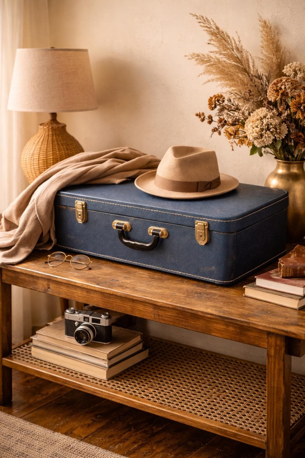Vintage Blue Hard Shell Suitcase, 1960s Mid Century Travel Luggage