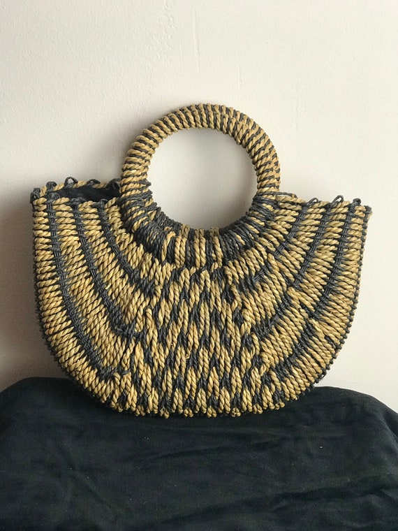 1990s Vintage Top Handle Straw Bag / Rattan Bag /… - image 1