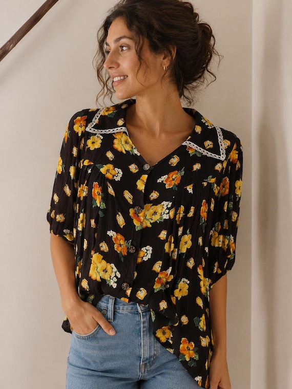 Vintage Floral Blouse | Romantic Mediterranean Summer Top | 80s 