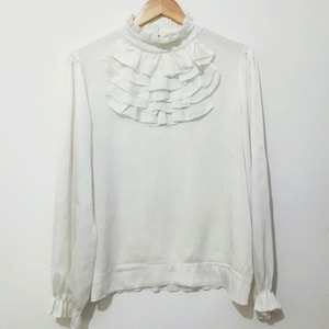 Vintage Shirt / Long Sleeve Shirt / White Shirt / 80s Ivory Blouse / Ruffled Neck Blouse / Pirate Shirt