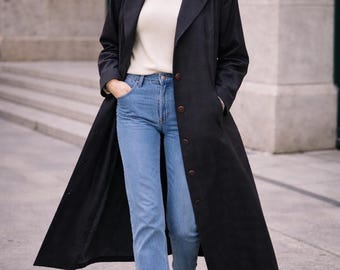 1980s Vintage Oversized Black Trench Coat | Minimalist XL Cotton Outerwear