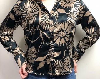 80s Vintage Satin Floral Blouse – Black Gold Lace Sleeve Retro