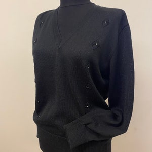 Vintage 80s Elegant Knitwear Tricot Black  Blouse / Long Sleeve Women’s Top