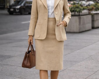 Traje de falda de lana beige vintage – Conjunto de dos piezas a medida de los años 80, atuendo minimalista y elegante para negocios.