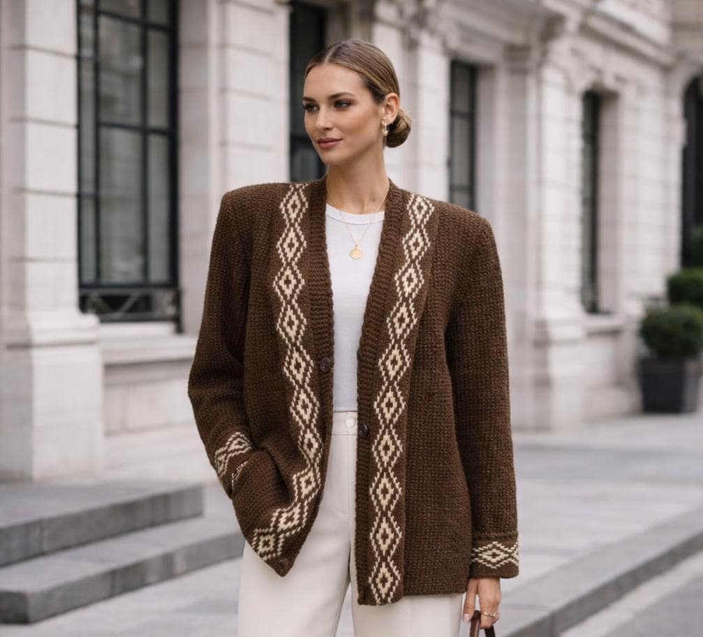 80s Handknit Geometric Nordic Cardigan Jacket – Structured Brown