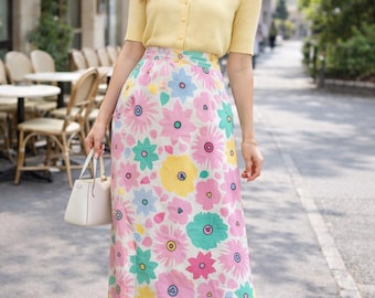 Vintage Floral Midi Skirt – 60s Pastel High Waisted Spring Skirt