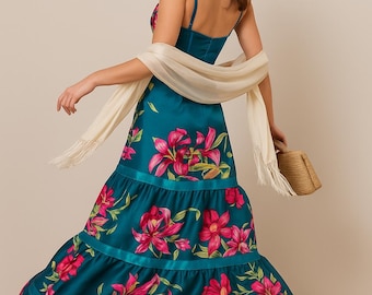 Vintage Teal Floral Maxi Dress – 90s Flamenco Strappy Gown, Size M