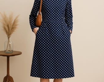 Abito midi vintage anni '80 a pois – Abito da giorno blu navy in policotone con tasche