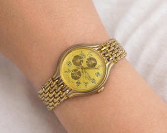 Vintage Westair Gold Tone Watch for Women, 80s Quartz Wristwatch, Yellow Dial Chronograph Style