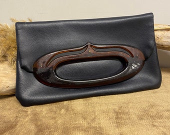 Vintage 50s Leather Dark Navy Blur Clutch Bag / Vintage Bag / 50s Vintage Purse / Evening Purse