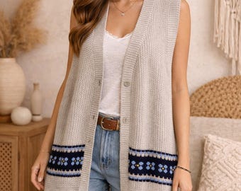 Colete de tricô oversized feminino estilo boho sem mangas, cardigã cinza com estampa Fair Isle.