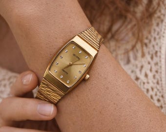 80s Vintage Gold Tone Watch, Rectangular Rhinestone Dial