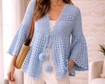 Vintage Baby Blue Crochet Jacket – 70s Knit Cardigan with Pom Poms – Cottagecore Layering Top