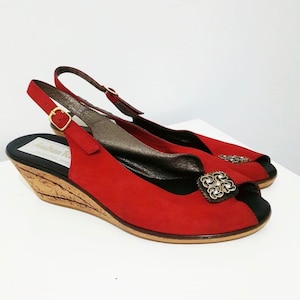 Vintage Red Andrea Renzi Sling Back Cork Heel Shoes / High Heels / Pumps / Women&#39;s Peep Toe Shoes / Size EU 37