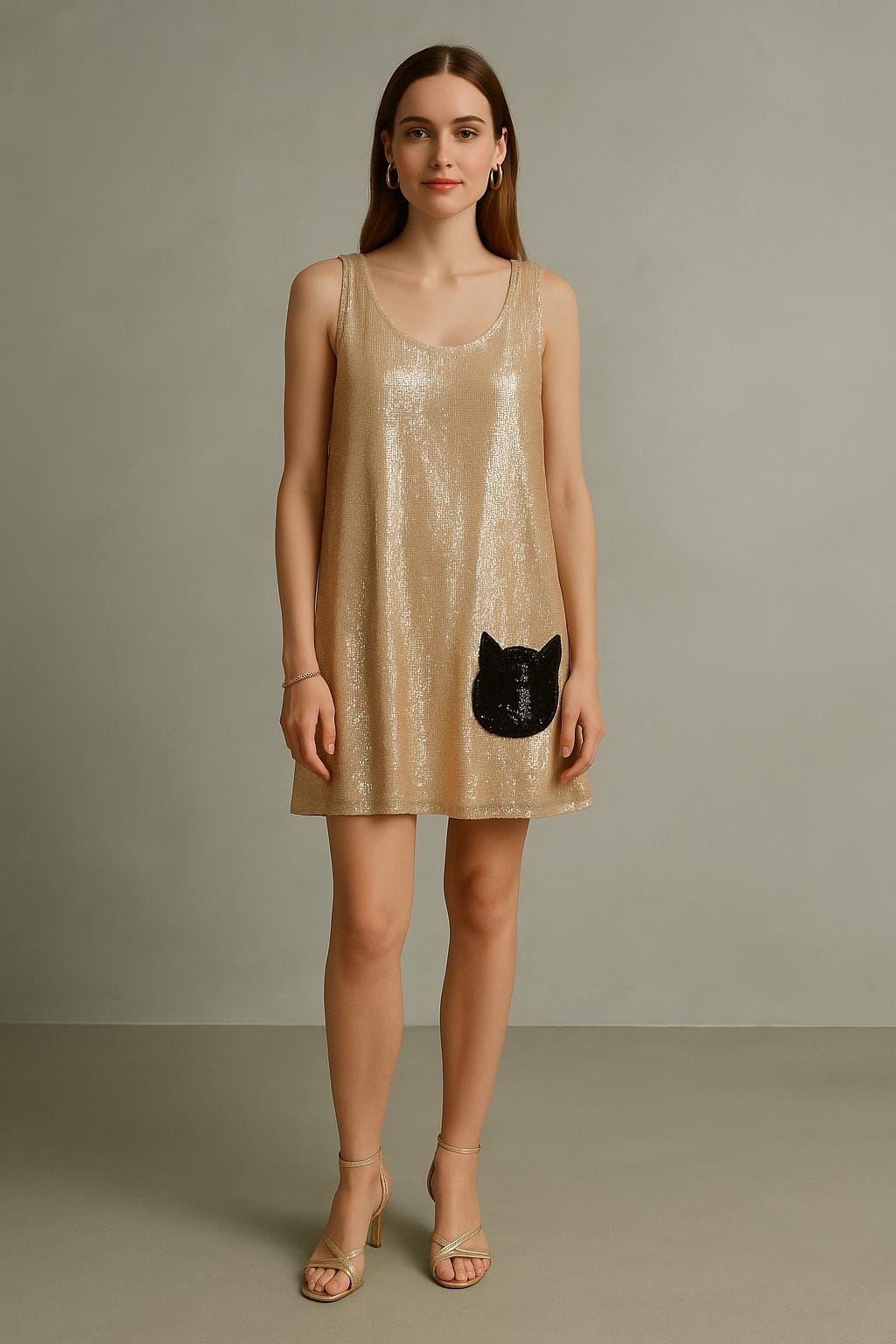 90s Vintage Gold Sequin Mini Dress - Black Cat Motif, Party Clubwear