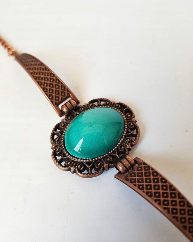 1980s Vintage Copper Bracelet with Turquoise Color Porcelain Statement Piece Women\u2019s Bracelet Gift for Her