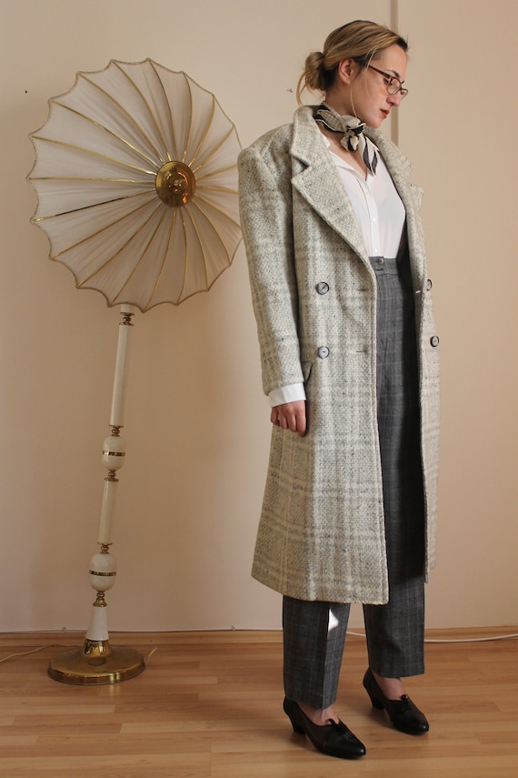 Vintage 80s Grey Coat Double Breasted Long Winter Coat With