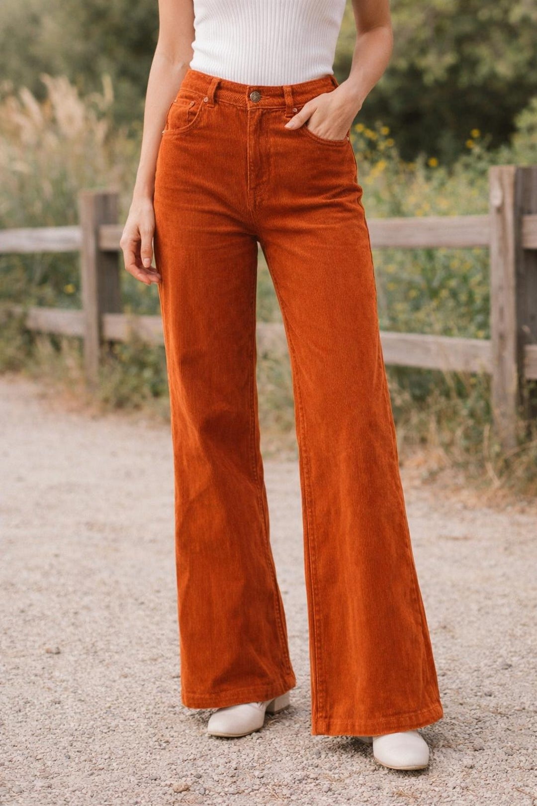 70s Vintage Corduroy Flare Pants, Rust Orange High Waist Trousers