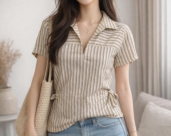 1970s Striped Cotton Shirt Petite | Retro Fitted Beige Navy Blouse