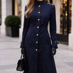 Vintage Navy Military Trench Coat | Gold Button Tailored Equestrian Maxi Coat