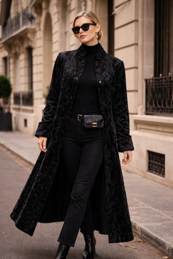 Vintage 80s Black Crushed Velvet Maxi Coat – Parisian Evening 