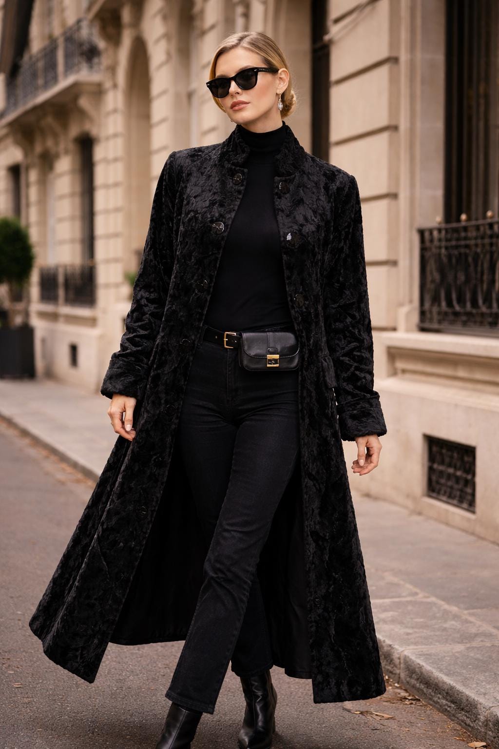 Vintage 80s Black Crushed Velvet Maxi Coat – Parisian Evening