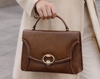 Vintage 80-tals läderväska med topphandtag, brun klassisk elegant handväska