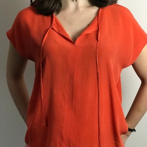 1990S Vintage Women&#39;s Short Sleeve Hot Orange Top, Women&#39;s Casual Vintage Blouse, Women&#39;s Silky Shirt