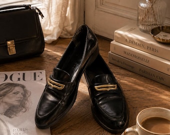 1980s Vintage Black Loafers: Faux Leather Flat Mules, EU W38