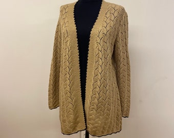Vintage 80s Handmade Light Brown Boho Cardigan / Long Sleeve Cardigan / Handknit Crochet Jacket / Women’s Oversize Cardigan