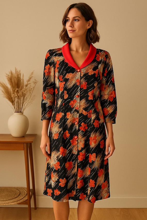 1970s Floral Midi Dress - Vintage Wool Blend with Red Shawl Collar
