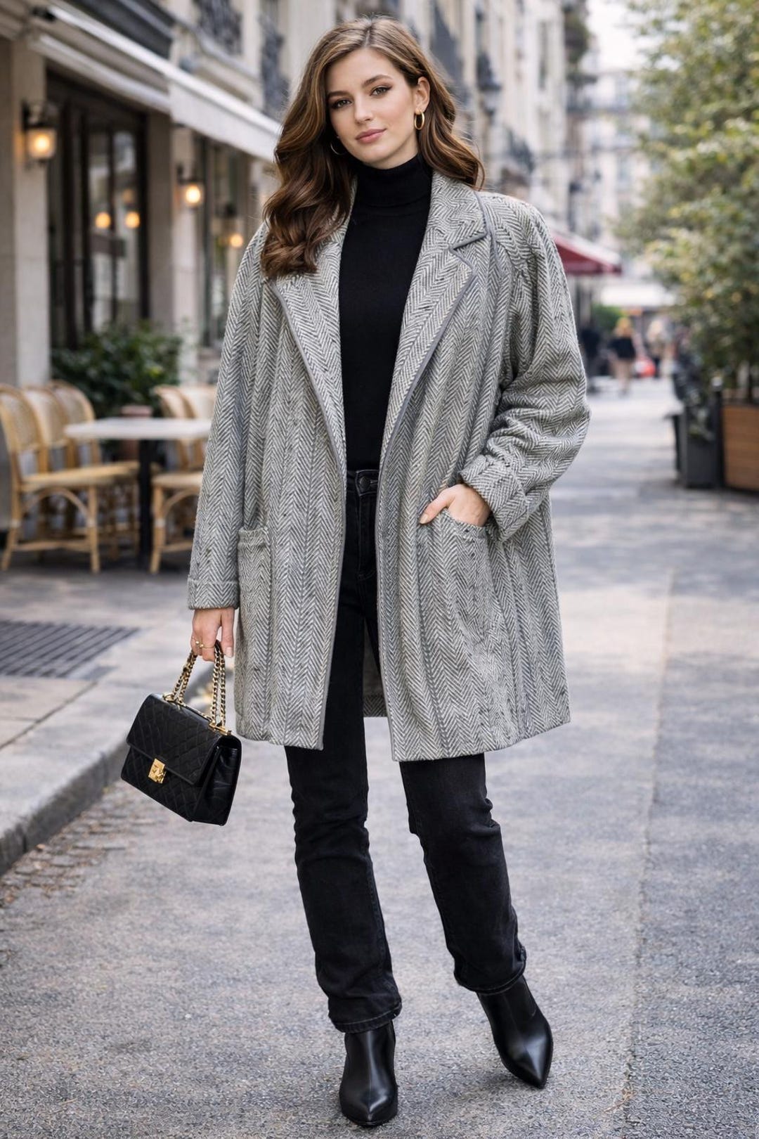 Vintage 80s Oversized Wool Herringbone Coat – Gray Shoulder Pad