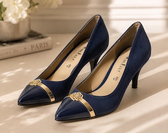 Vintage nubuck hoge hakken jaren 90, marineblauwe pumps, EU 38