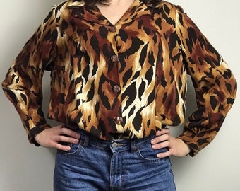 Vintage 1970s Leopard Print Shirt / Long Sleeve Shirt / 70s Blouse / Handmade Blouse