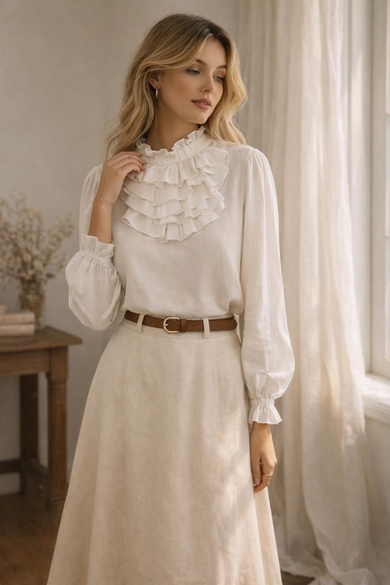 1980s Ruffle Blouse – White Victorian Collar Statement Top, Polyester Cotton Blend image 2