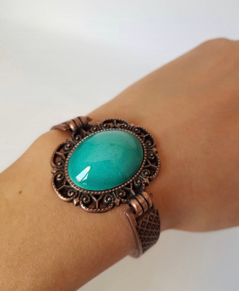 1980s Vintage Copper Bracelet with Turquoise Color Porcelain Statement Piece Women\u2019s Bracelet Gift for Her