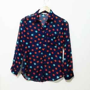 Vintage Polka Dot Shirt / Long Sleeve See Through Shirt / Polka dot Shirt / Petite Shirt / Chiffon / Semi-sheer / Viscose Shirt