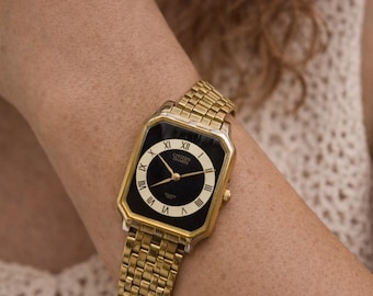 Vintage Citizen Quartz Watch, Gold Tone Rectangular Bracelet, Black Roman Numeral Dial