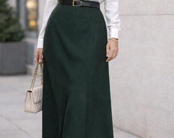Vintage Forest Green Wool Midi Skirt | High Waist A-Line