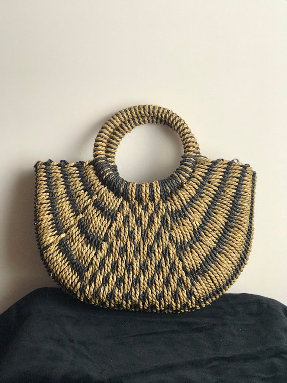 1990s Vintage Top Handle Straw Bag / Rattan Bag /… - image 4