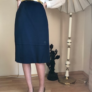 Vintage Midnight Blue Midi Skirt / Smart 70s Retro Skirt