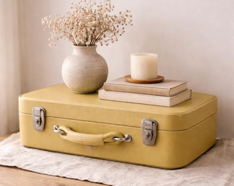 1970s Yellow Retro Suitcase, Wedding Card Box, Rustic Storage Prop