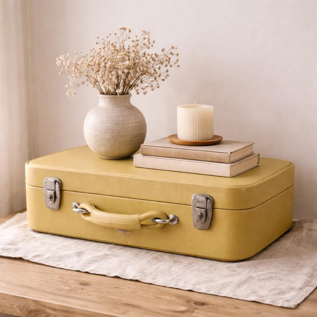 1970s Yellow Retro Suitcase, Wedding Card Box, Rustic Storage Prop
