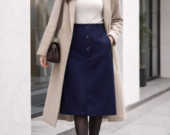 Vintage Navy Wool Midi Skirt – High Waisted A-Line, Button Front