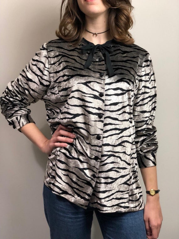 1980s Vintage Zebra Print Velvety Blouse / Animal… - image 1