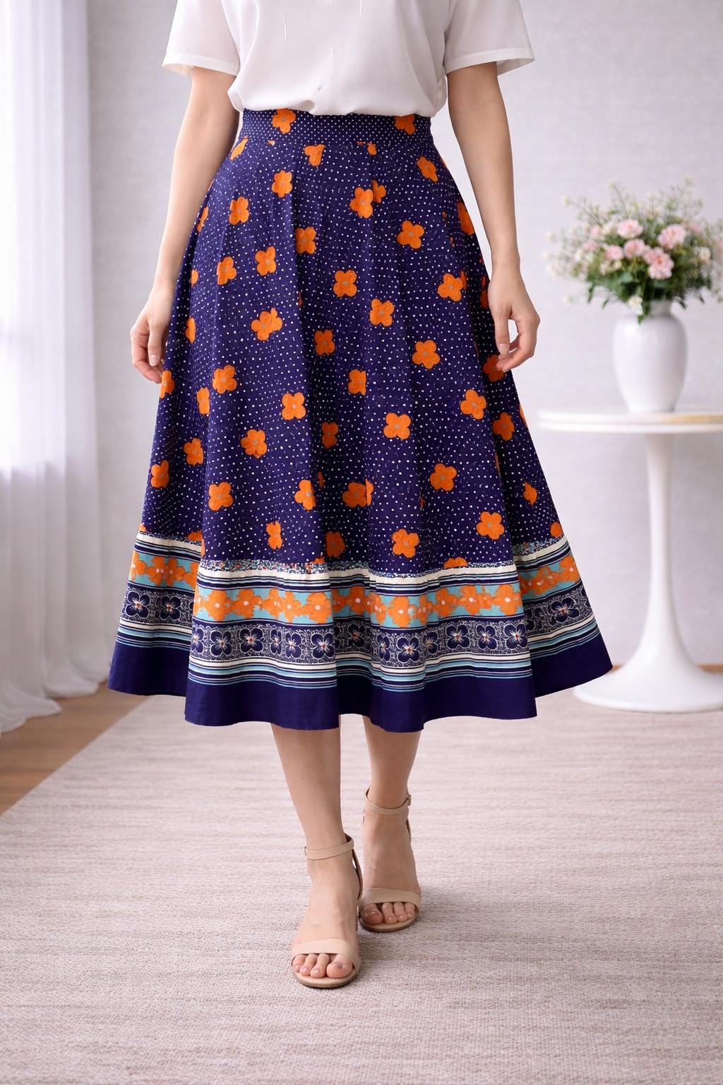 Vintage 70s Floral Midi Skirt | Navy Polka Dot, Orange Flowers - Etsy