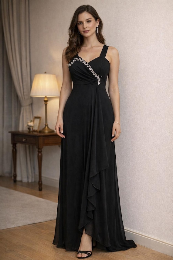 Vintage 90s Black Maxi Dress: Elegant Rhinestone Detail Formal Gown